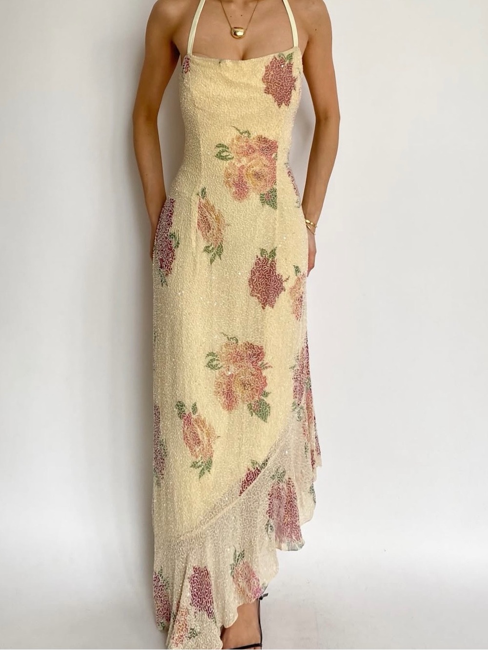 Vintage butter yellow fully beaded floral 100% silk dress